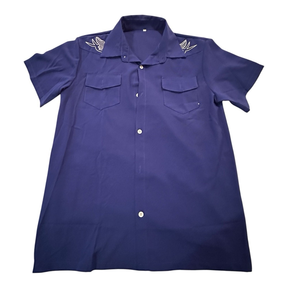 Button Up Men's Shirt With Swallows On Shoulders Royal Blue Brand New Medium